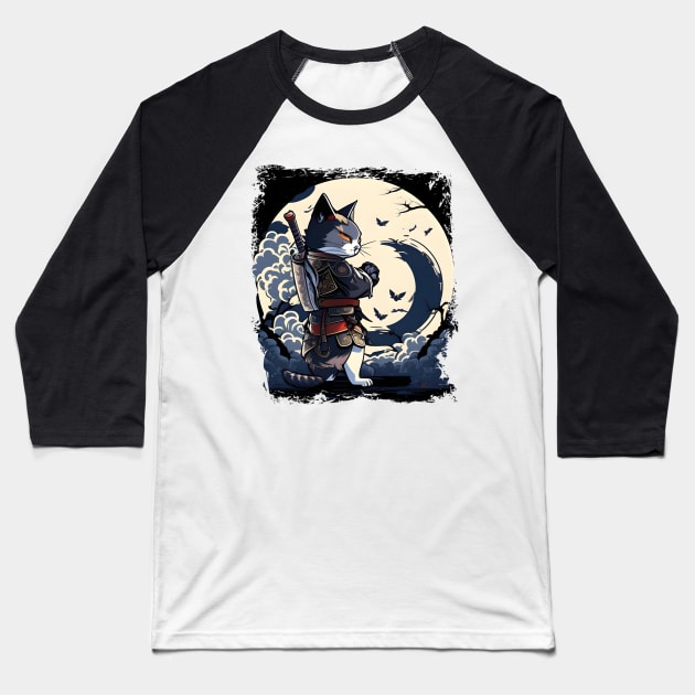 Japanese Cat Samurai Katana Catana - Cat Lover Baseball T-Shirt by Felix Rivera